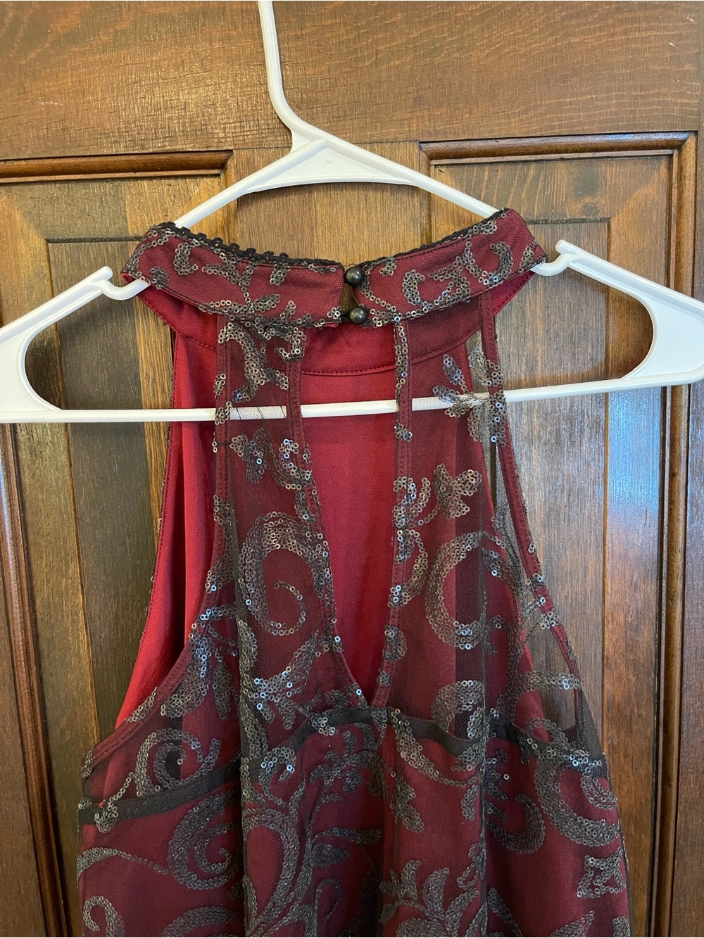 Altar’d State Burgundy Metallic Swirl Mesh Overlay Mini Dress Size L - Picture 5 of 5